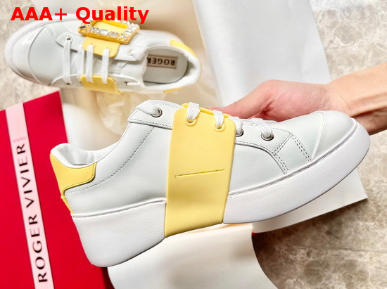 Roger Vivier Viv Skate Strass Buckle Sneakers in Soft Leather White and Yellow Replica