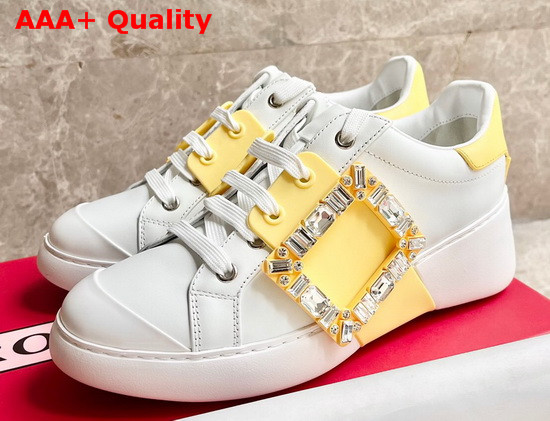 Roger Vivier Viv Skate Strass Buckle Sneakers in Soft Leather White and Yellow Replica