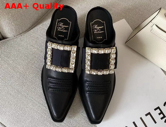 Roger Vivier Viv Tex Strass Mules in Black Calf Leather Replica