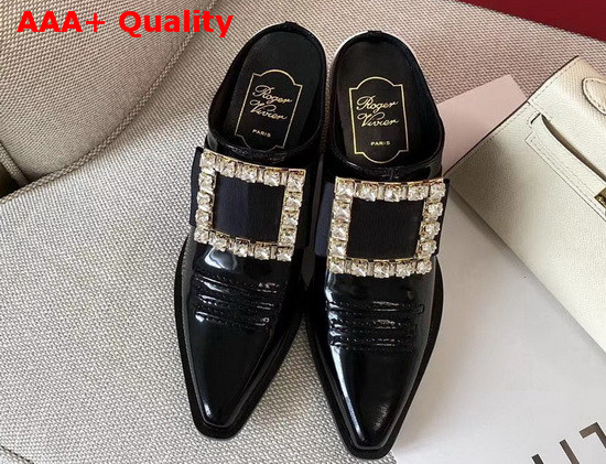 Roger Vivier Viv Tex Strass Mules in Black Patent Leather Replica