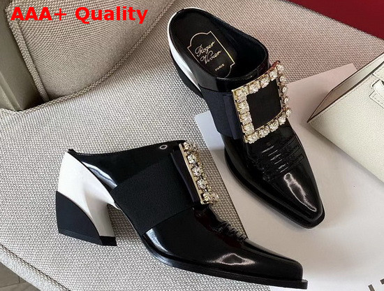 Roger Vivier Viv Tex Strass Mules in Black Patent Leather Replica