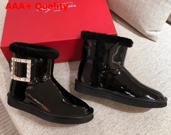 Roger Vivier Winter Viv Strass Buckle Booties in Black Patent Leather Replica