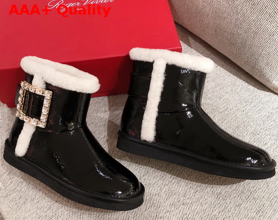 Roger Vivier Winter Viv Strass Buckle Booties in Patent Leather Black Replica