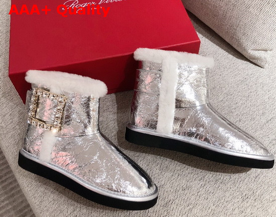 Roger Vivier Winter Viv Strass Buckle Booties in Silver Patent Leather Replica