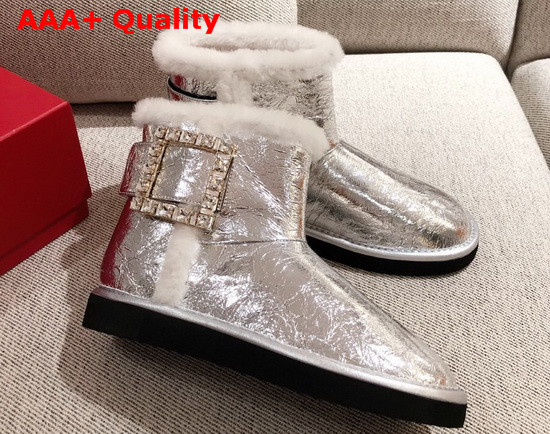 Roger Vivier Winter Viv Strass Buckle Booties in Silver Patent Leather Replica