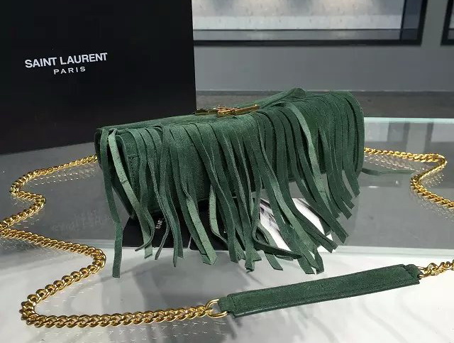 Monogram Saint Laurent Fringed Satchel In Green Suede for Sale