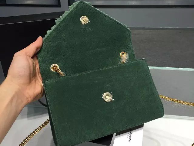 Monogram Saint Laurent Fringed Satchel In Green Suede for Sale