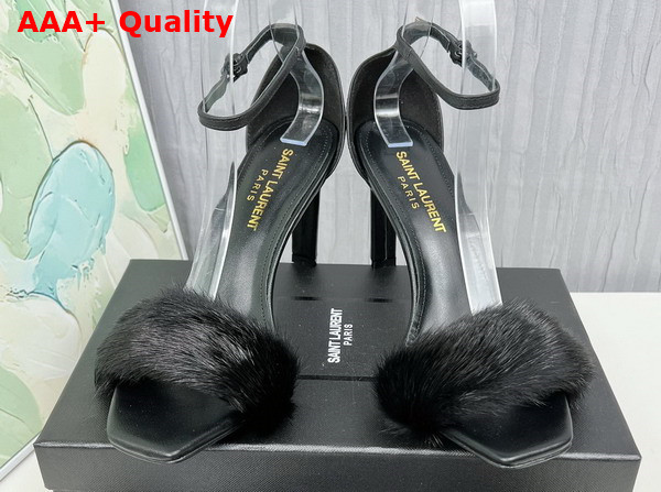 Saint Laurent Amber Sandals in Black Leather and Mink Fur Replica