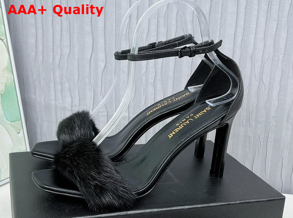 Saint Laurent Amber Sandals in Black Leather and Mink Fur Replica