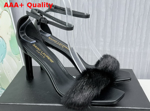 Saint Laurent Amber Sandals in Black Leather and Mink Fur Replica