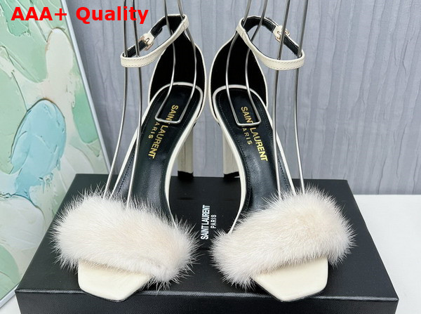 Saint Laurent Amber Sandals in White Leather and Mink Fur Replica