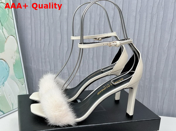 Saint Laurent Amber Sandals in White Leather and Mink Fur Replica