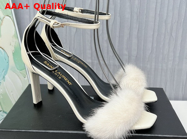 Saint Laurent Amber Sandals in White Leather and Mink Fur Replica