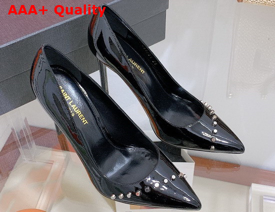 Saint Laurent Anja Pumps in Black Patent Leather Decorated with Metal Studs Replica