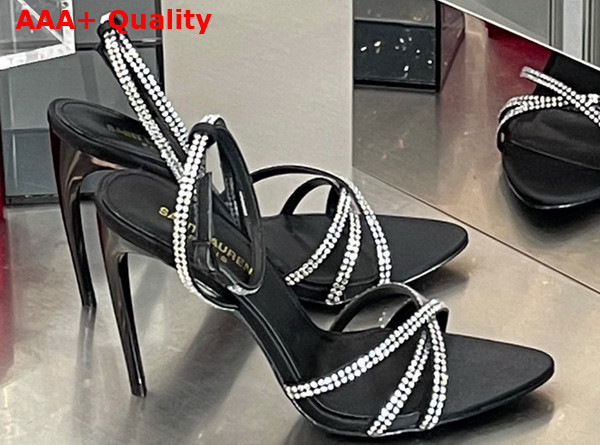 Saint Laurent Ava Sandals in Crepe Satin with Rhinestones Black and Crystal Replica