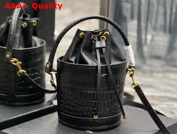 Saint Laurent Bahia Small Bucket Bag in Noir Crocodile Embossed Lacquered Leather Replica