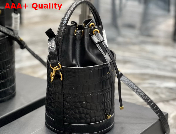 Saint Laurent Bahia Small Bucket Bag in Noir Crocodile Embossed Lacquered Leather Replica