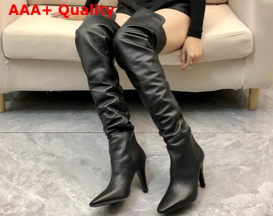 Saint Laurent Betty Over The Knee Boots in Black Shiny Grained Leather Replica