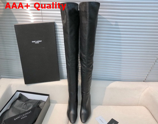 Saint Laurent Betty Over The Knee Boots in Black Shiny Grained Leather Replica