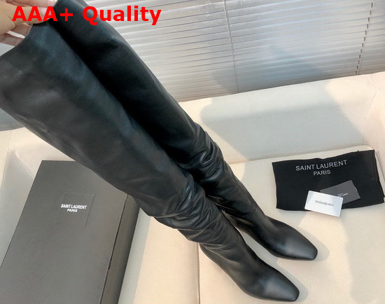 Saint Laurent Betty Over The Knee Boots in Black Shiny Grained Leather Replica