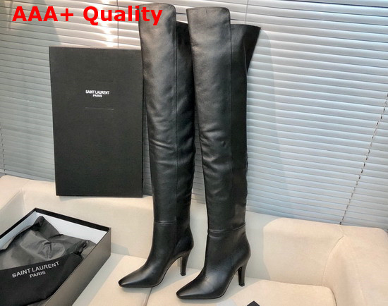 Saint Laurent Betty Over The Knee Boots in Black Shiny Grained Leather Replica