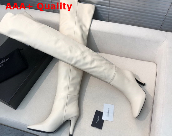 Saint Laurent Betty Over The Knee Boots in White Shiny Grained Leather Replica