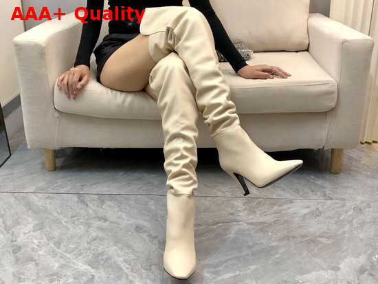 Saint Laurent Betty Over The Knee Boots in White Shiny Grained Leather Replica