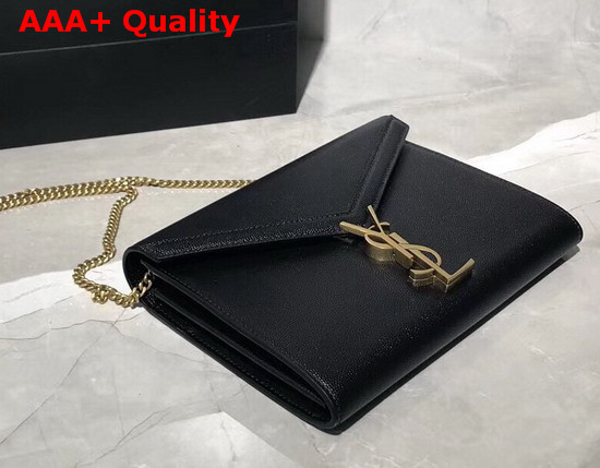 Saint Laurent Cassandra Chain Wallet in Black Grain De Poudre Embossed Leather Replica