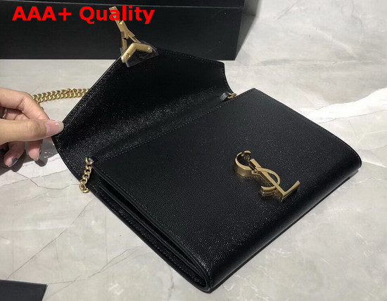 Saint Laurent Cassandra Chain Wallet in Black Grain De Poudre Embossed Leather Replica