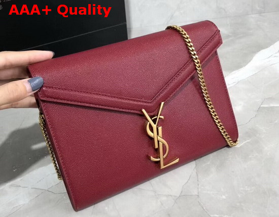 Saint Laurent Cassandra Chain Wallet in Dark Red Grain De Poudre Embossed Leather Replica