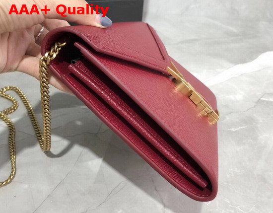 Saint Laurent Cassandra Chain Wallet in Dark Red Grain De Poudre Embossed Leather Replica