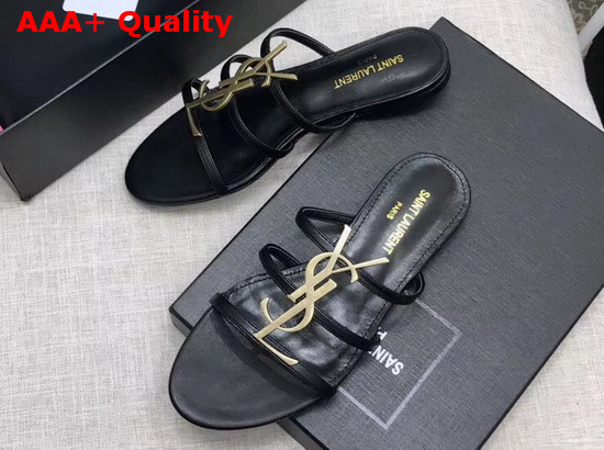 Saint Laurent Cassandra Flat Sandals in Black Patent Leather Replica