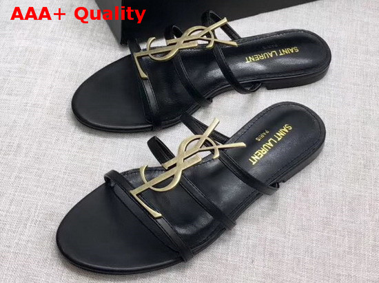 Saint Laurent Cassandra Flat Sandals in Black Patent Leather Replica