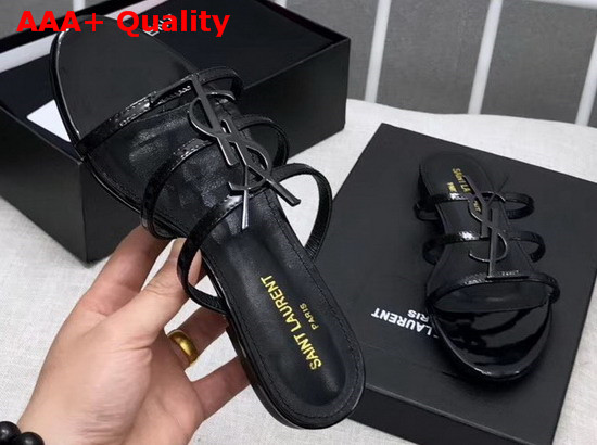 Saint Laurent Cassandra Flat Sandals in Patent Leather Black Replica