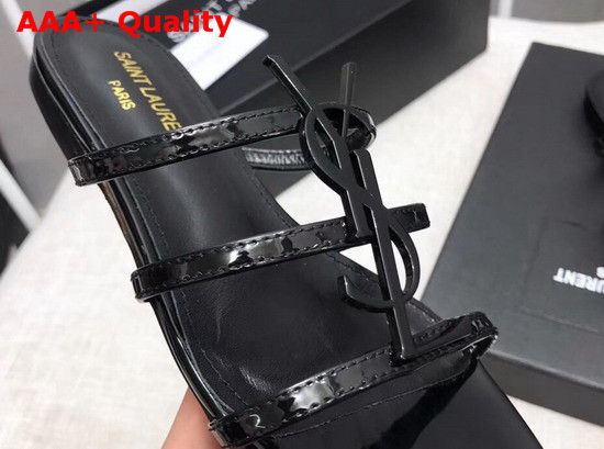 Saint Laurent Cassandra Flat Sandals in Patent Leather Black Replica