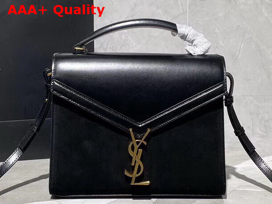 Saint Laurent Cassandra Medium Top Handle Bag in Black Smooth Leather and Suede Replica