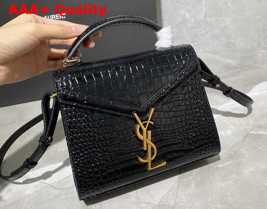 Saint Laurent Cassandra Mini Top Handle Bag in Black Crocodile Embossed Shiny Leather Replica