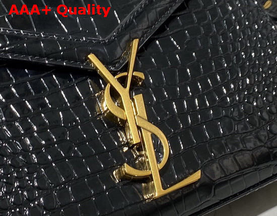 Saint Laurent Cassandra Mini Top Handle Bag in Black Crocodile Embossed Shiny Leather Replica