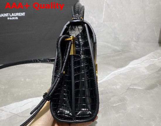 Saint Laurent Cassandra Mini Top Handle Bag in Black Crocodile Embossed Shiny Leather Replica