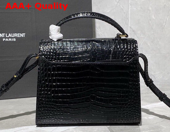 Saint Laurent Cassandra Mini Top Handle Bag in Black Crocodile Embossed Shiny Leather Replica