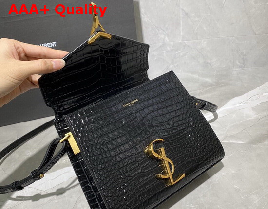 Saint Laurent Cassandra Mini Top Handle Bag in Black Crocodile Embossed Shiny Leather Replica