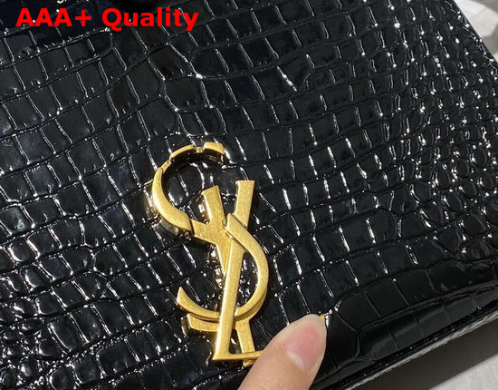 Saint Laurent Cassandra Mini Top Handle Bag in Black Crocodile Embossed Shiny Leather Replica