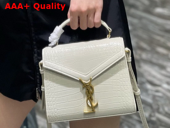 Saint Laurent Cassandra Mini Top Handle Bbag in Crocodile Embossed Shiny Leather Blanc Vintage Replica