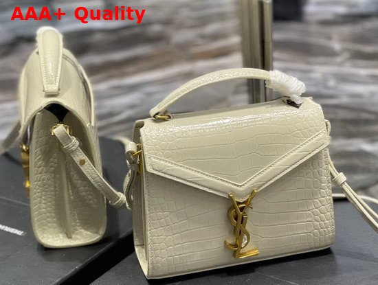 Saint Laurent Cassandra Mini Top Handle Bbag in Crocodile Embossed Shiny Leather Blanc Vintage Replica