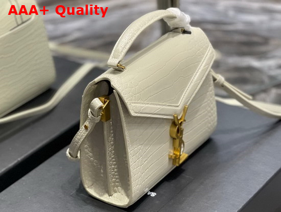 Saint Laurent Cassandra Mini Top Handle Bbag in Crocodile Embossed Shiny Leather Blanc Vintage Replica