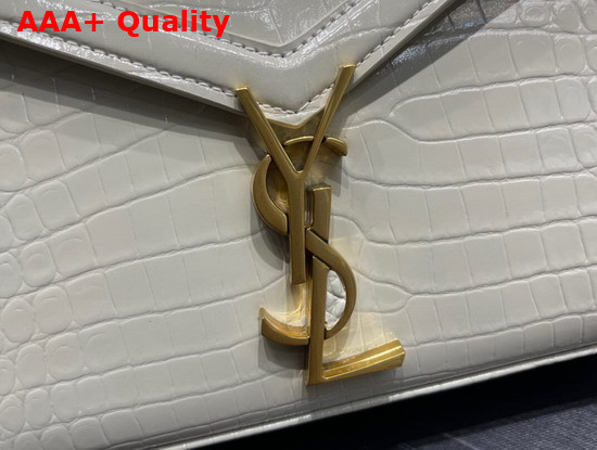 Saint Laurent Cassandra Mini Top Handle Bbag in Crocodile Embossed Shiny Leather Blanc Vintage Replica