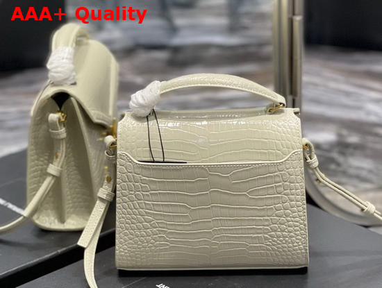 Saint Laurent Cassandra Mini Top Handle Bbag in Crocodile Embossed Shiny Leather Blanc Vintage Replica