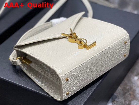 Saint Laurent Cassandra Mini Top Handle Bbag in Crocodile Embossed Shiny Leather Blanc Vintage Replica