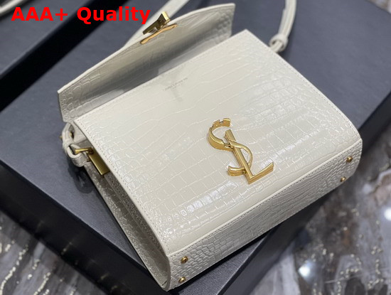 Saint Laurent Cassandra Mini Top Handle Bbag in Crocodile Embossed Shiny Leather Blanc Vintage Replica