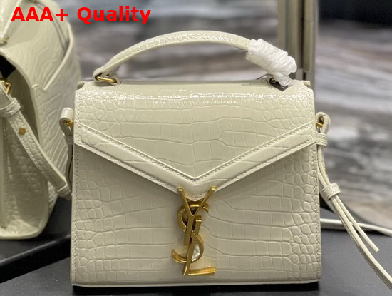 Saint Laurent Cassandra Mini Top Handle Bbag in Crocodile Embossed Shiny Leather Blanc Vintage Replica